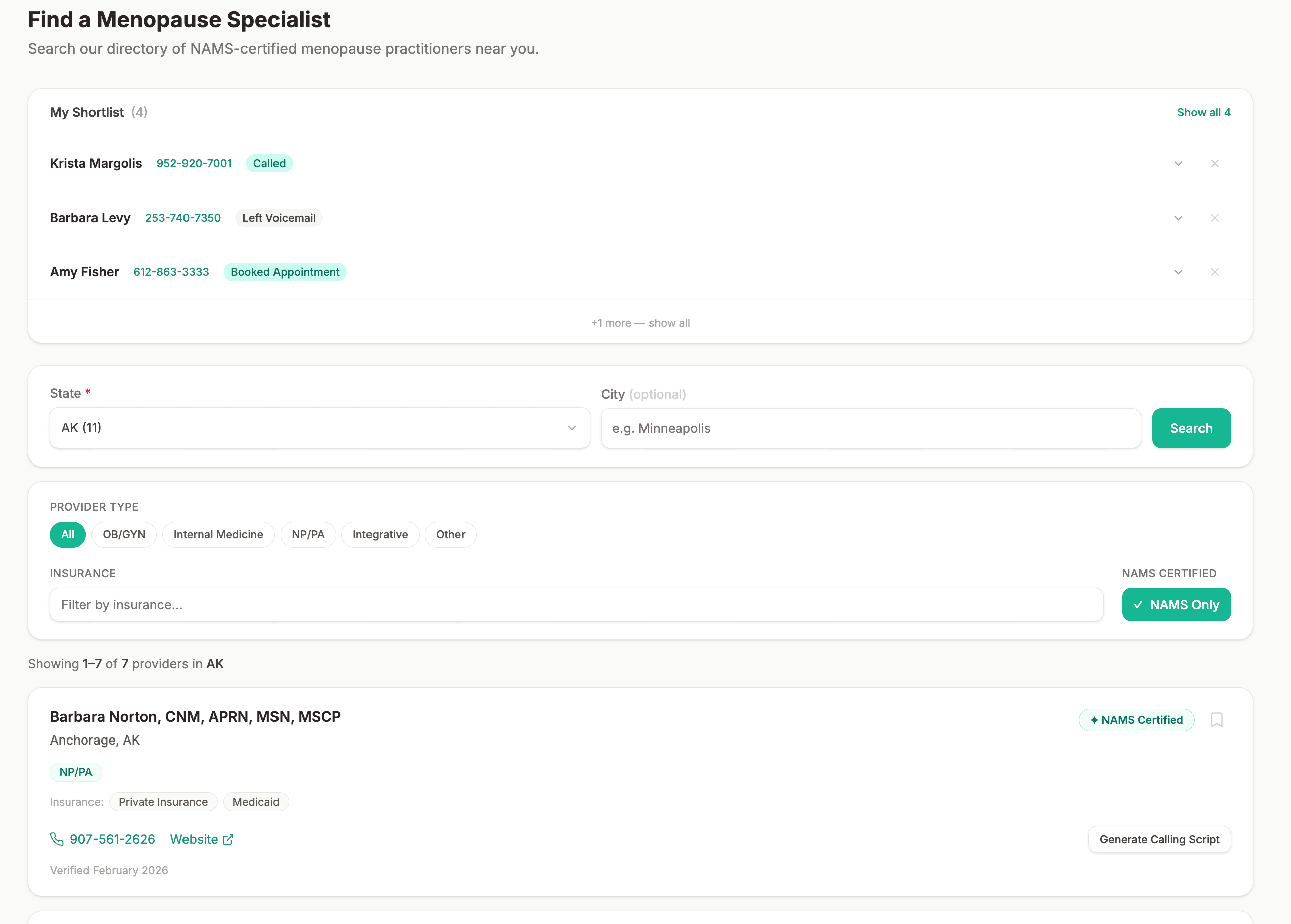 Provider directory showing NAMS-certified specialists with a shortlist tracking call status