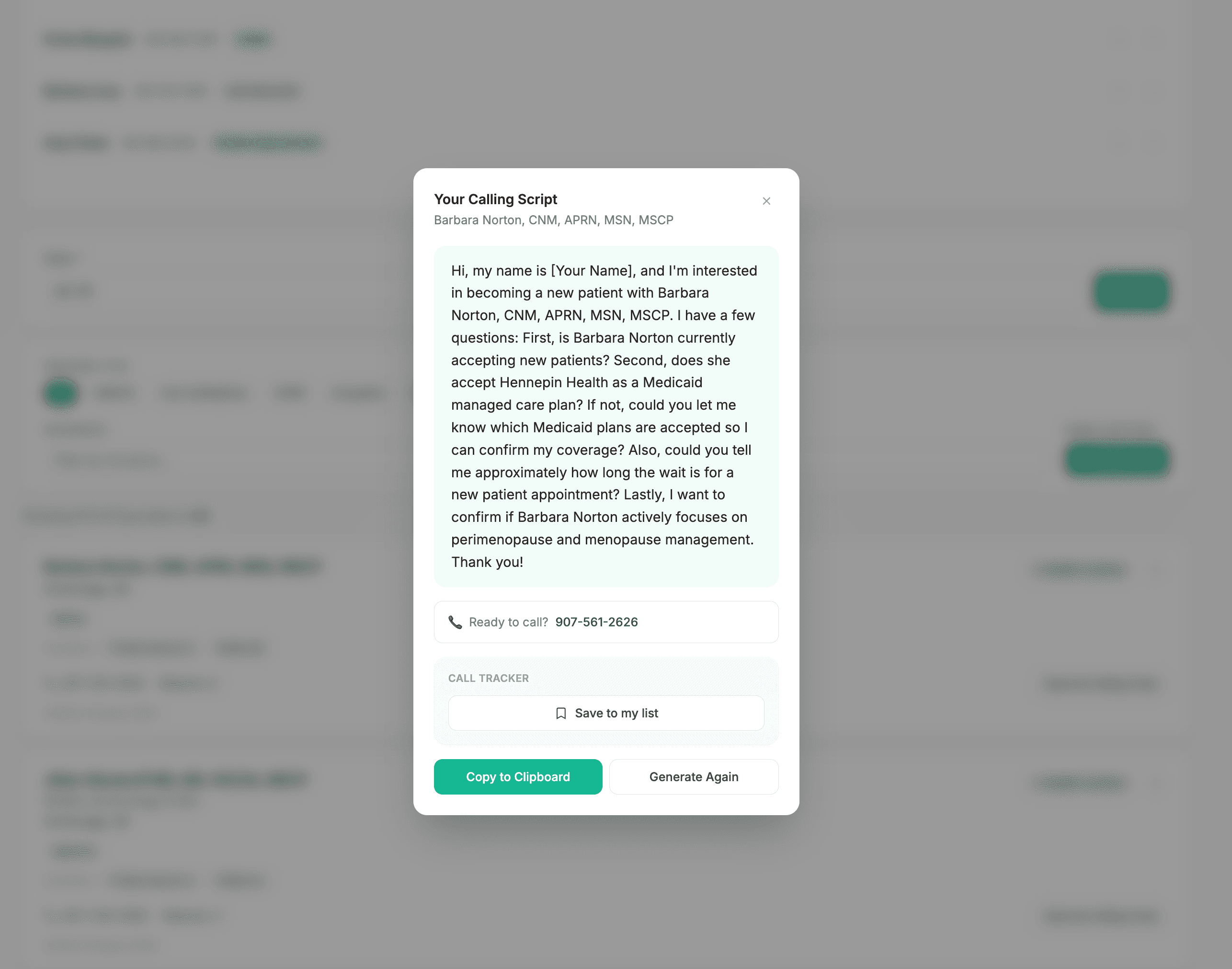 Calling script modal personalized with provider name and insurance plan